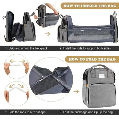 Foldable Bed Diaper Bag with Changing Station - Insulated Pocket, Large Capacity, Multifunctional Double Shoulder Mommy Bag