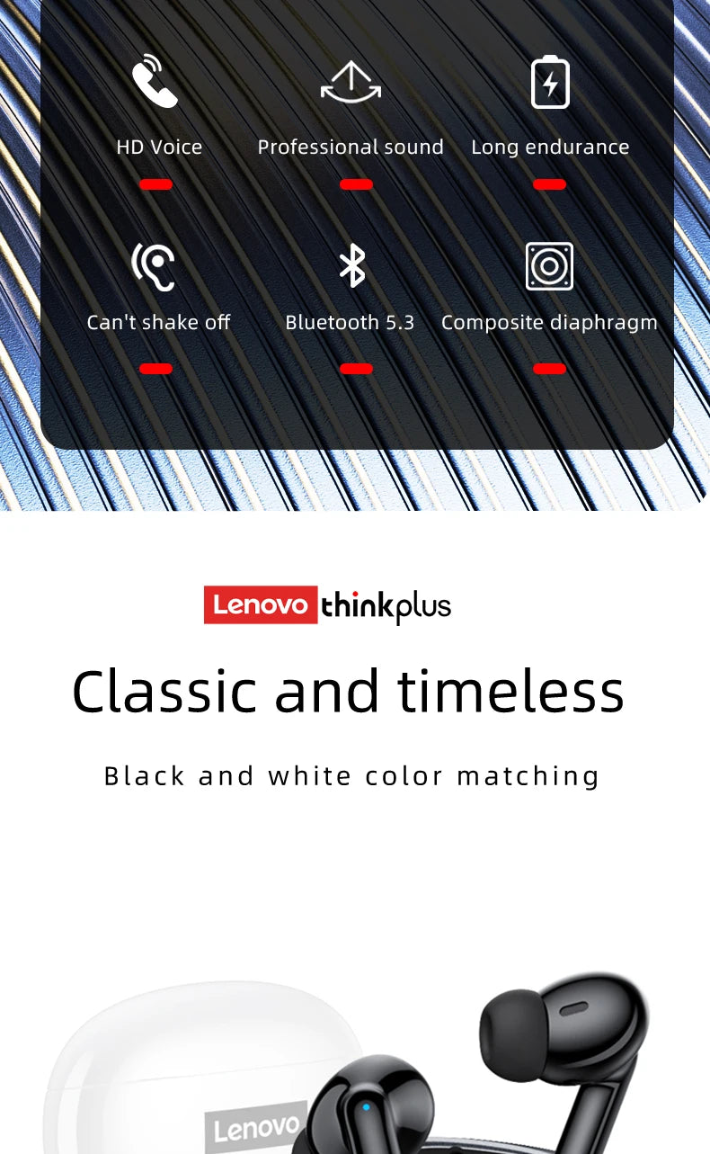 Lenovo Thinkplus XT88 In-Ear Bluetooth Earphones — Dual Mic, Stereo Noise Reduction, Bass HiFi Touch Earbuds