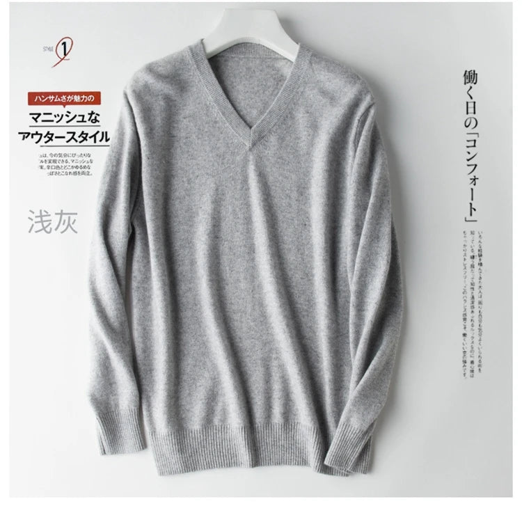 Men’s Classic V-Neck Pullover Sweater – 2024 Autumn Winter Cashmere-Cotton Blend Warm Jumper