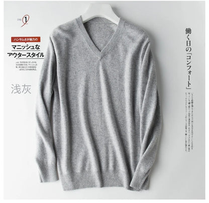 Men’s Classic V-Neck Pullover Sweater – 2024 Autumn Winter Cashmere-Cotton Blend Warm Jumper