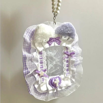 Kawaii Plush Photocard Holder - Lolita Lace Ribbon Idol Photo Display Case