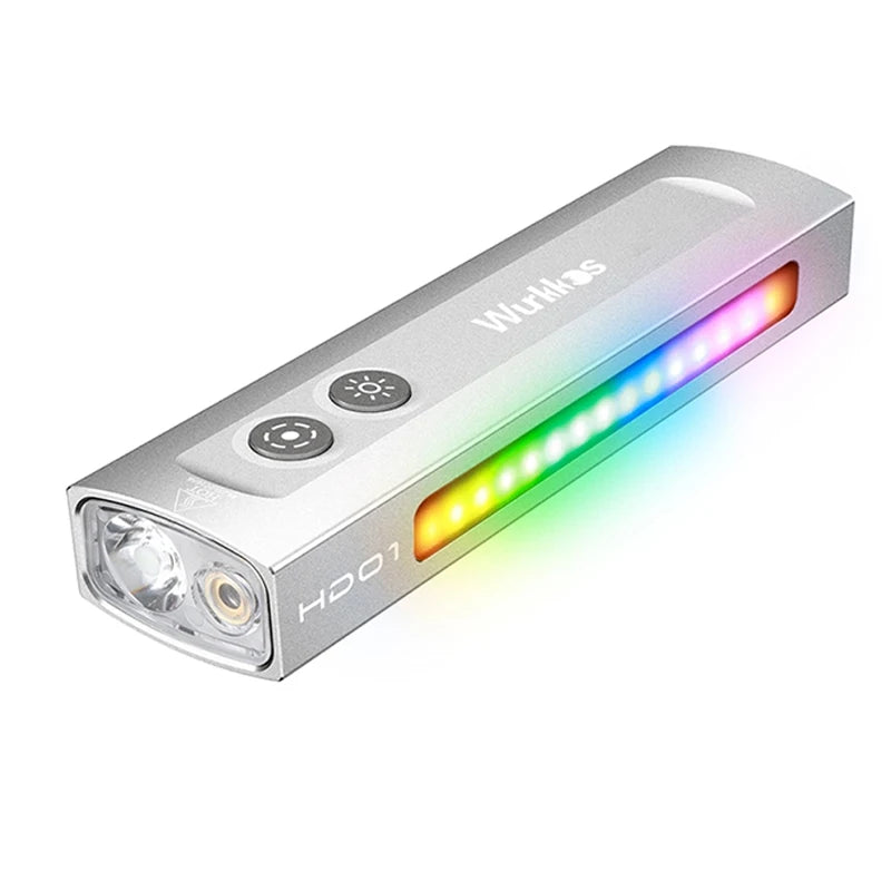 Wurkkos HD01 Multi-Function Rechargeable Flashlight – 1200LM Flat Torch with Green, White, RGB Side Light, IP65 Waterproof