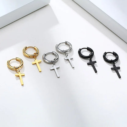 Stainless Steel Cross Charm Earrings - Men's Fashion Jewelry
