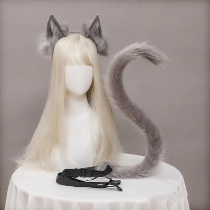 Plush Cat Ears Headband & Tail Set - Realistic Lolita Cosplay Accessories, Handmade Animal Ears for Halloween & Kawaii Costumes