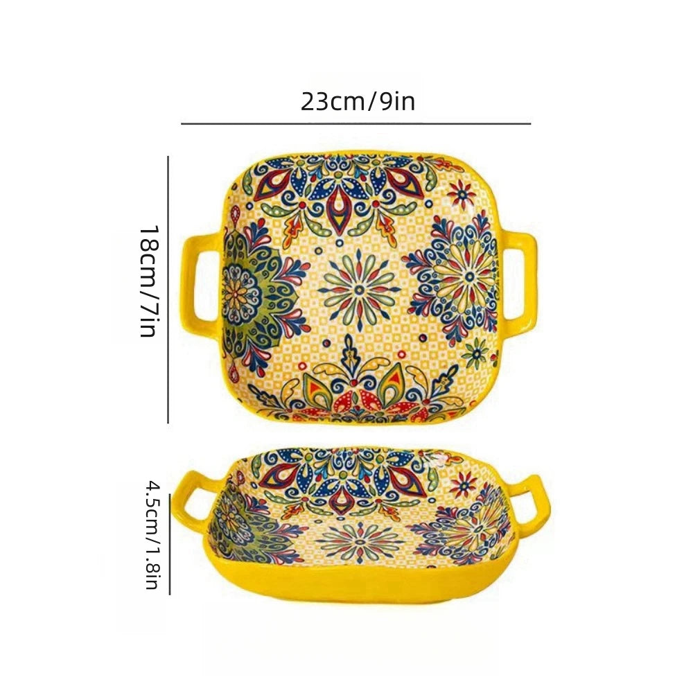 9-Inch Bohemian Style Ceramic Salad Plate with Double Ears — Oven & Microwave Safe Pasta Dish