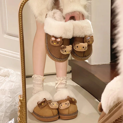 Sanrio Hello Kitty Winter Plush Slippers – Cute Fuzzy Warm Kawaii Women’s Home Shoes, Y2K Style, Non-Slip Outdoor Flats
