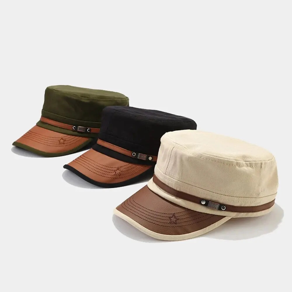 Casual Cadet Hat for Men - Flat Top Cotton Visor Cap - Vintage Army Style Dad Hat for Summer and Autumn - Unisex Baseball Cap