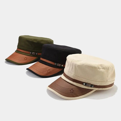 Casual Cadet Hat for Men - Flat Top Cotton Visor Cap - Vintage Army Style Dad Hat for Summer and Autumn - Unisex Baseball Cap
