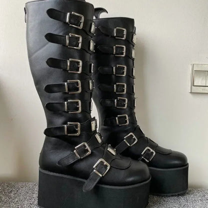 Women’s Gothic Boots – Cosplay High Heel Platform Wedges, Buckle Strap Long Tube Leather Boots, Plus Size Options