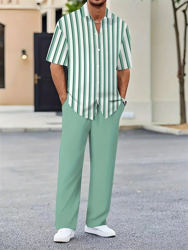 Men's Light Blue Striped Shirt Set - 3D Printed Casual Lapel Shirt for Autumn Outdoor Style