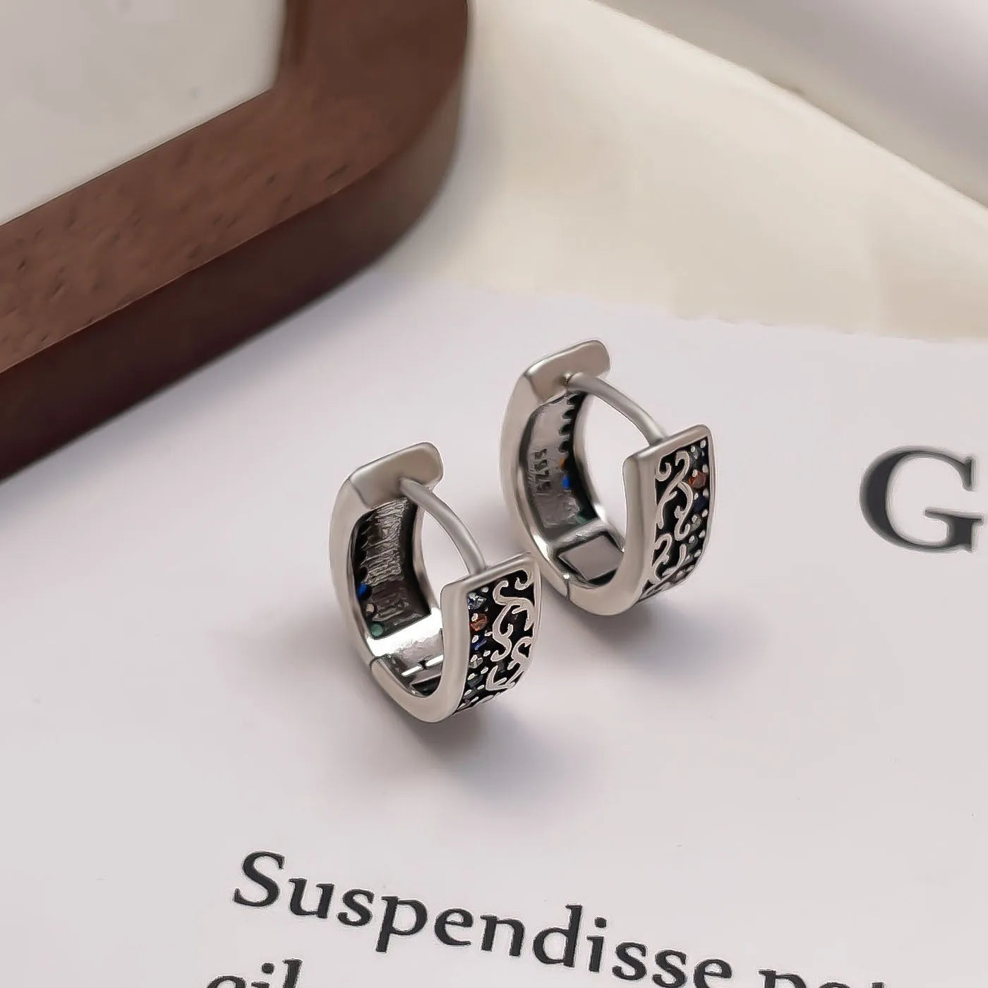 PANJBJ925 Sterling Silver Hoop Earrings - Frosted Geometric Design Fashion Jewelry Gift for Women