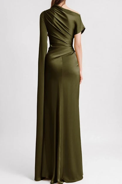 Women’s Solid Color Long Dress – Slanted Collar, Raglan Sleeves, Pleated Waist, Retro Elegant Commuting Style