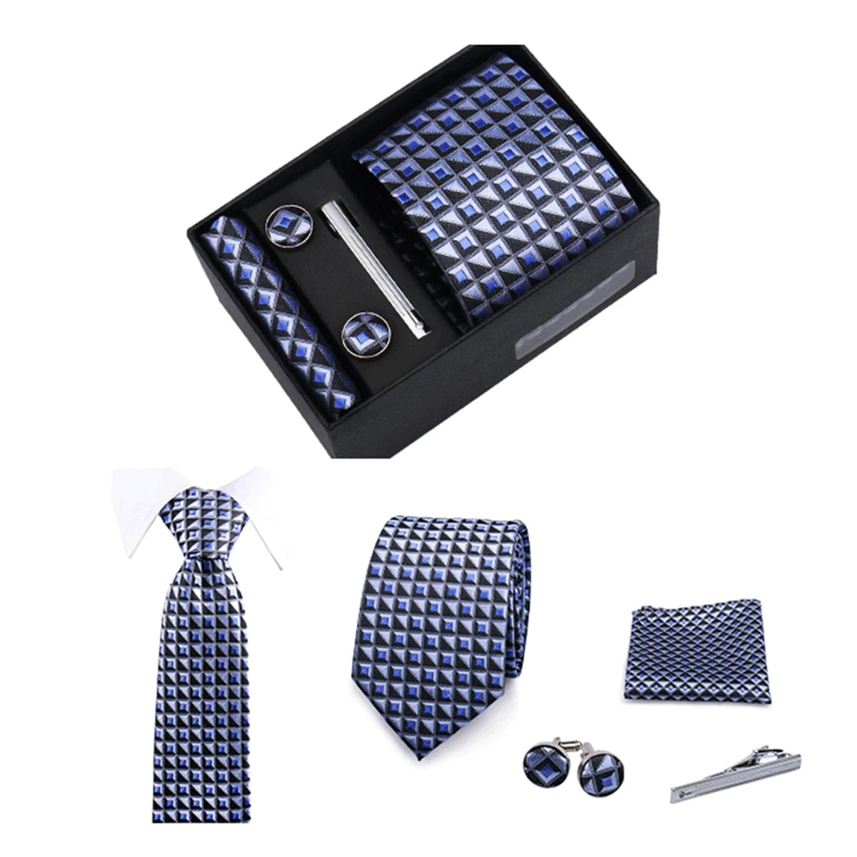 Men’s Green Business Tie Set - Premium Necktie with Hanky, Cufflinks & Tie Clip Gift Box for Wedding Formal Wear