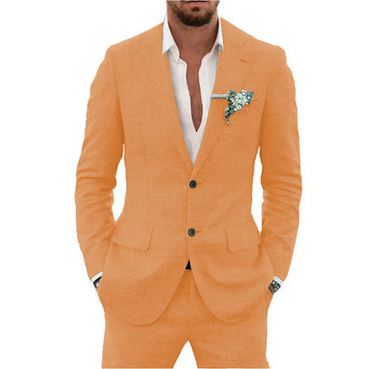 Men's Linen Suit Set - Slim Fit Notched Lapel 2 Piece Wedding & Beach Tuxedo Outfit For Summer Casual Formal Wear