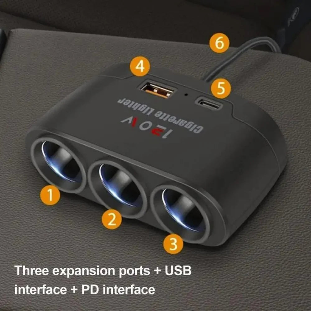 120W 3-in-1 Fast Charge Car Charger - Cigarette Lighter Power Adapter for Mobile Phones, DVR & GPS Devices