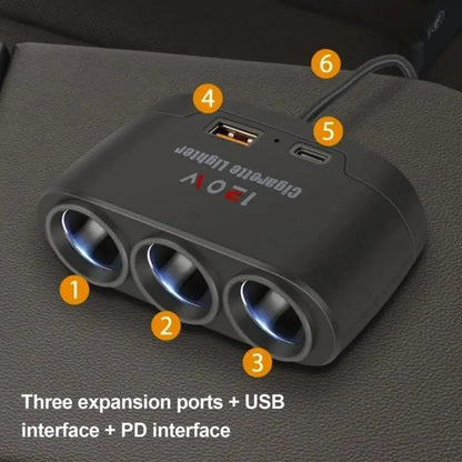 120W 3-in-1 Fast Charge Car Charger - Cigarette Lighter Power Adapter for Mobile Phones, DVR & GPS Devices