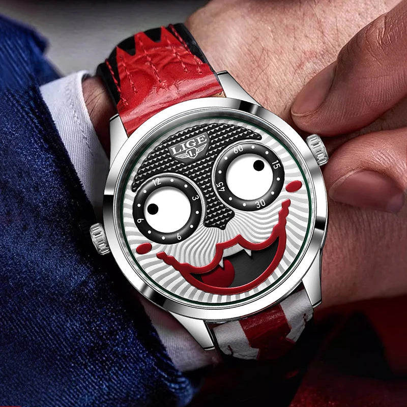 LIGE 2025 Men’s Creative Clown Quartz Watch – Waterproof Leather Strap Joker Fashion Wristwatch