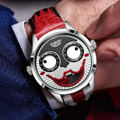 LIGE 2025 Men’s Creative Clown Quartz Watch – Waterproof Leather Strap Joker Fashion Wristwatch