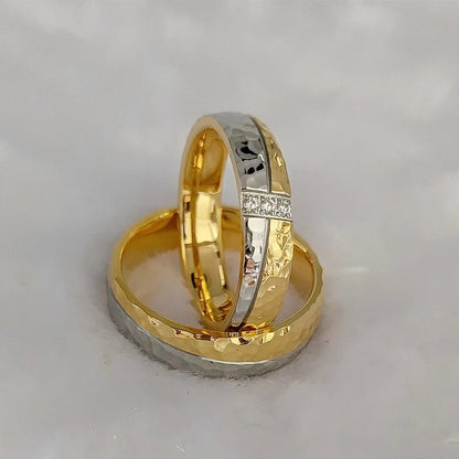 Hammered Couple Wedding Rings - 14K Gold-Plated Titanium Rings for Men & Women