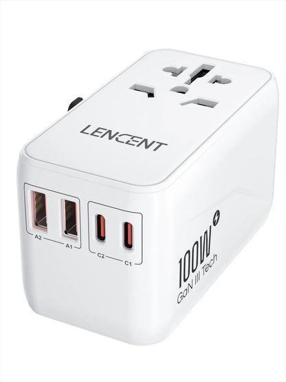 LENCENT 65W/100W GaN Fast Charging International Travel Adapter - 2 USB and 3 Type-C Ports, Includes EU, AU, US, UK Plugs