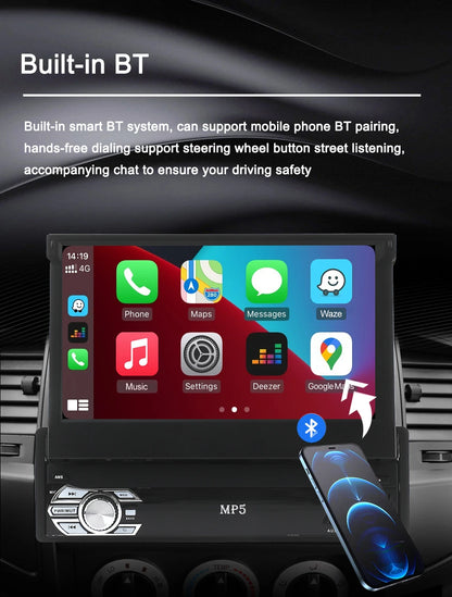Universal 1-DIN 7" Car Stereo - Retractable Touchscreen MP5 Player with CarPlay, Android Auto, FM Radio & Mirror Link
