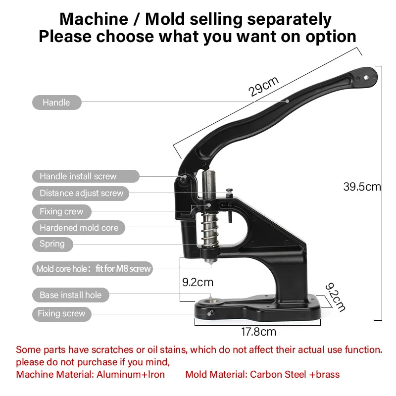WUTA Manual Button Installation Tool – Mute Punching for Mushroom Rivets & Eyelets, DIY Hand Pressing Tool (With/Without Machine)