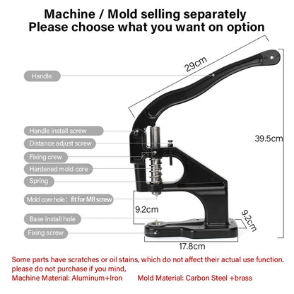 WUTA Manual Button Installation Tool – Mute Punching for Mushroom Rivets & Eyelets, DIY Hand Pressing Tool (With/Without Machine)