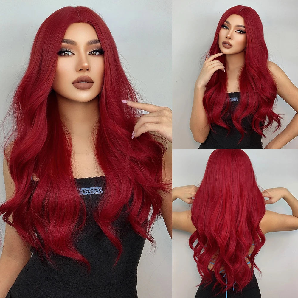 ALAN EATON Black Long Wavy Synthetic Wig – Natural Afro Hair, Middle Part, Heat-Resistant Fiber for Daily Use