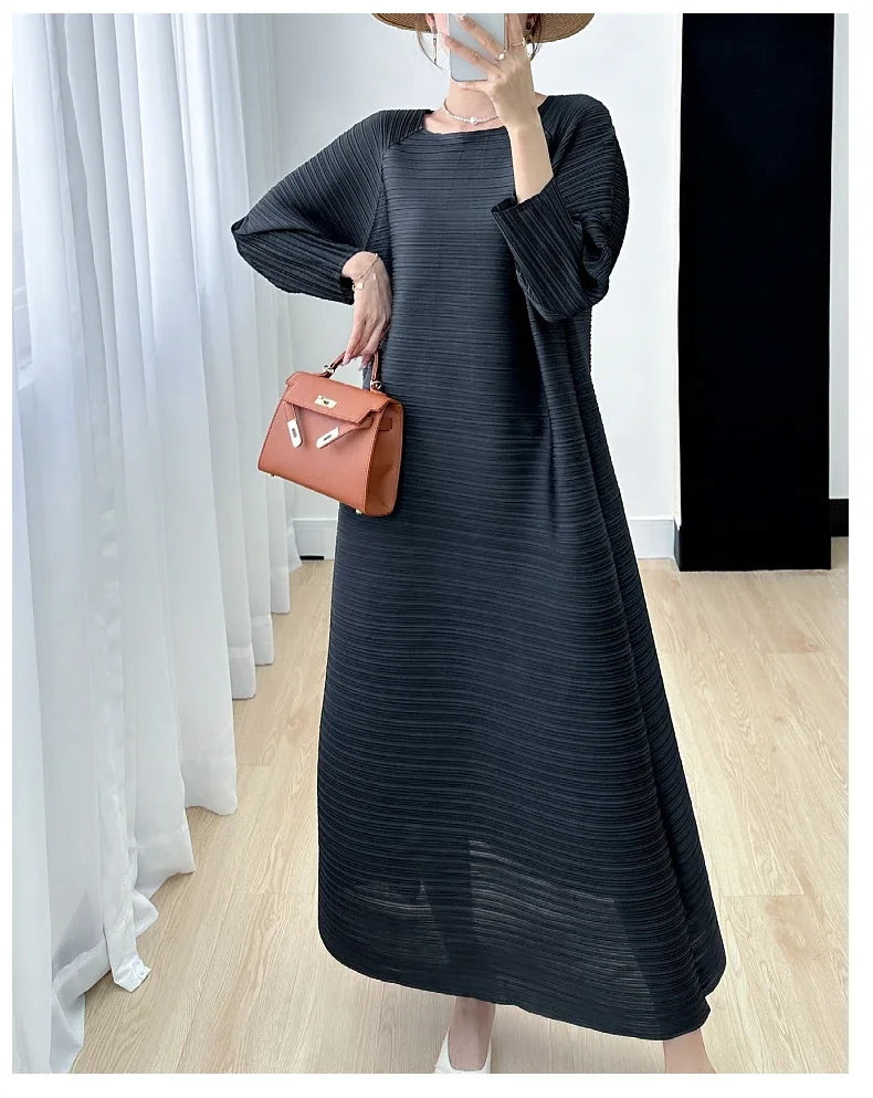 2023 Women's Miyake Pleated Long Dress – Full Sleeve, Round Neck, Korean Fashion, Plus Size Summer Style