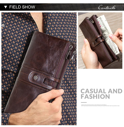 CONTACT'S Men’s Genuine Leather Clutch Wallet – Long Vintage Wallet with Card Holder, Zipper Coin Purse & Money Bag