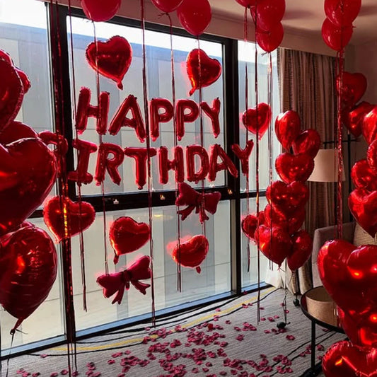 Red Birthday Balloon Set - Heart Foil Balloons with Bow & Simulated Rose Petals for Valentine’s Day Party Decor