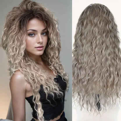Ash Blonde Synthetic Wig – 26" Long Curly Ombre Hair, Fluffy Wave Wig for Women, Costume & Party Wig
