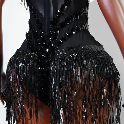Sexy Shiny Silver Sequin & Black Spandex Jumpsuit — 2025 Women’s Prom, Dancer & Stage Performance Costume