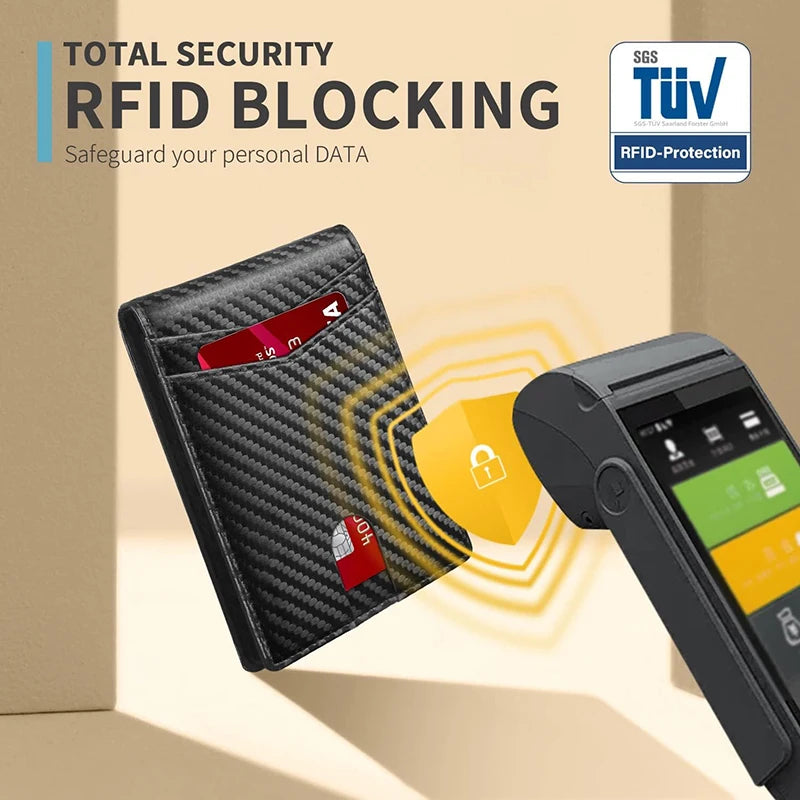 Men's Ultra-Thin RFID Leather Wallet – Carbon Fiber Design with ID Window & Multi Card Slots