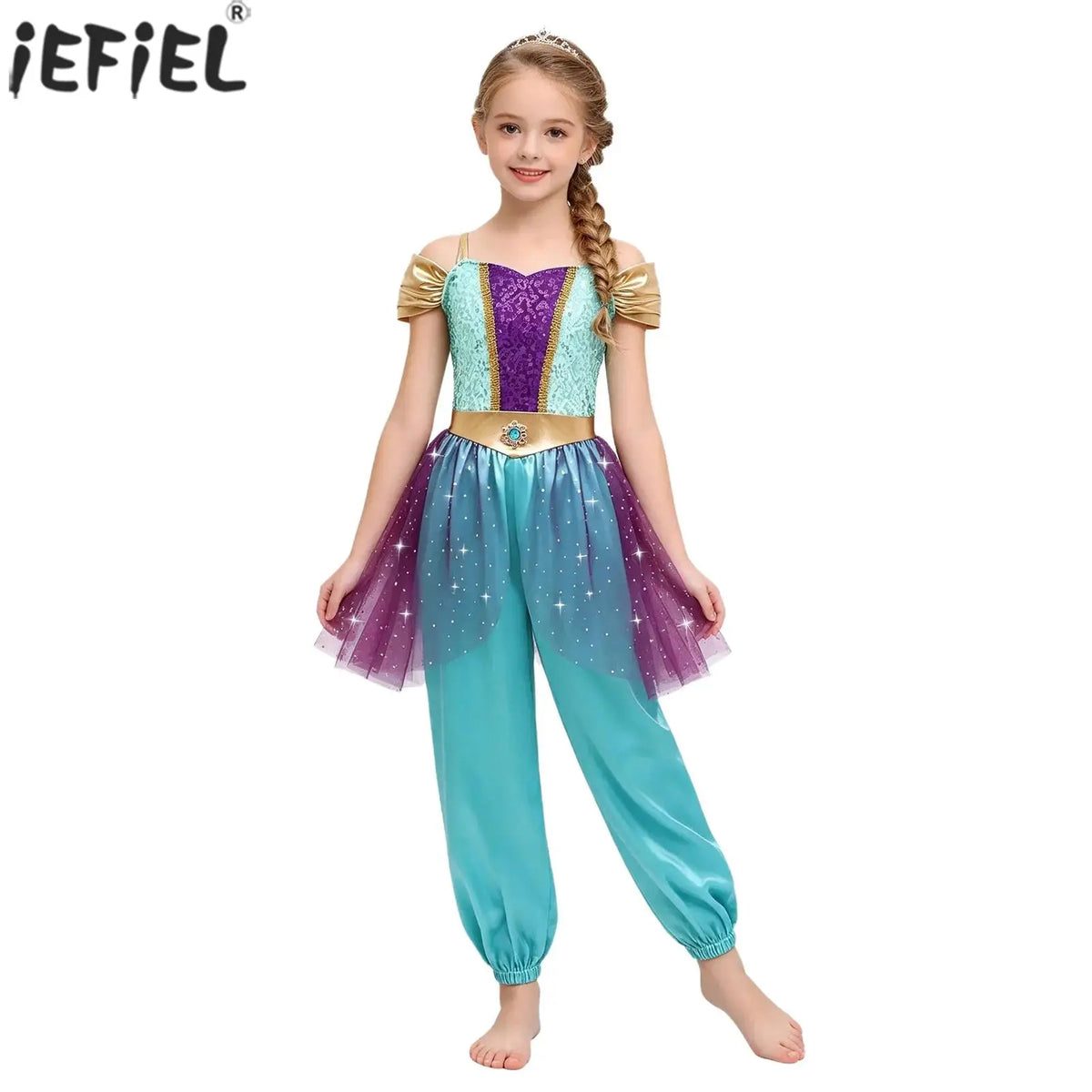 Girls Arabian Princess Costume - Metallic Sequin Bodice Tulle Satin Jumpsuit for Halloween, Carnival & Dance Performances