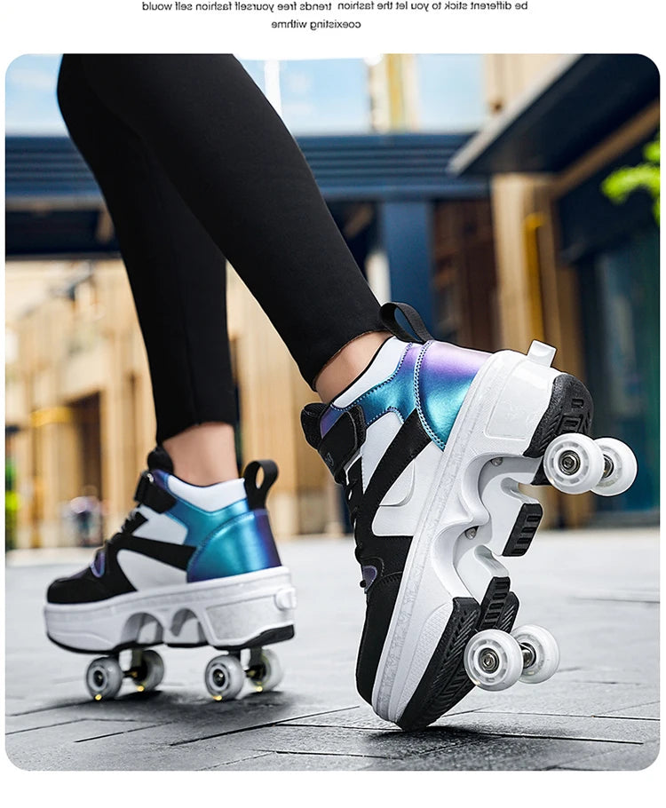 Women's High-Top 4-Wheel Roller Shoes – Fashionable Unisex Pop-Up Sneakers with Wheels, Dual-Purpose Skating & Casual Shoes