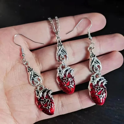 Gothic Vampire Bat & Bloody Heart Pendant Necklace – Pagan Witch Jewelry, Anatomy Heart Halloween Accessory Gift