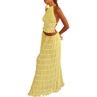 Women’s Boho Sexy Backless 2-Piece Set – Vintage Ruched Halter Cami Top & Maxi Skirt Beach Holiday Party Outfit