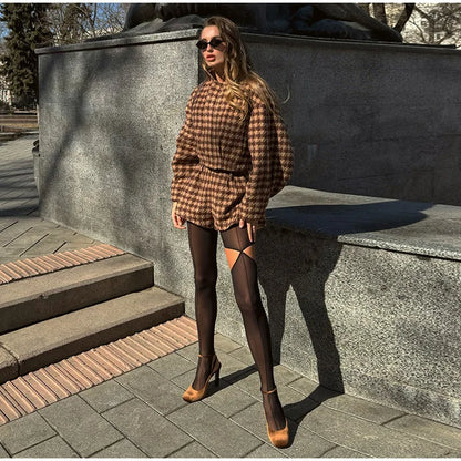 Elegant Plaid Women’s Set – Casual Full-Sleeve Zipper Jacket & High-Waist Shorts, 2025 Spring Office Outfit