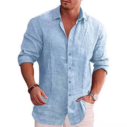 Men’s Cotton Linen Shirt - Long Sleeve Solid Color Casual Plus Size Autumn Top