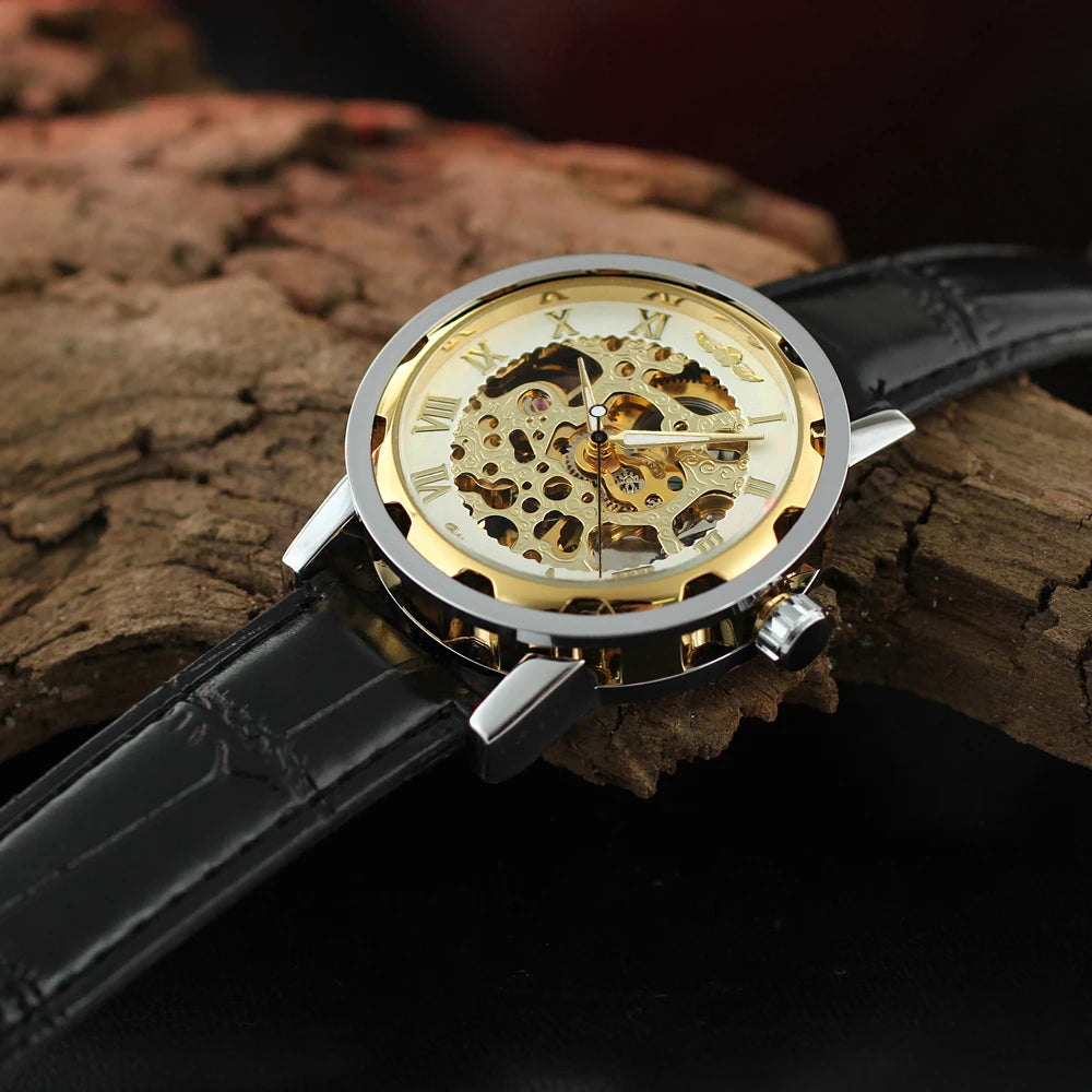 T-Winner Classic Skeleton Watch – Mechanical Hand-Wind Wristwatch with PU Leather Strap for Men & Women