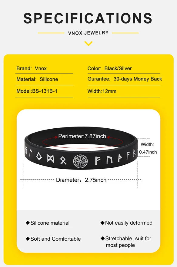 Vnox 12mm Silicone Bracelet for Men - Soft Rubber Viking Compass Rune Amulet Wristband Set