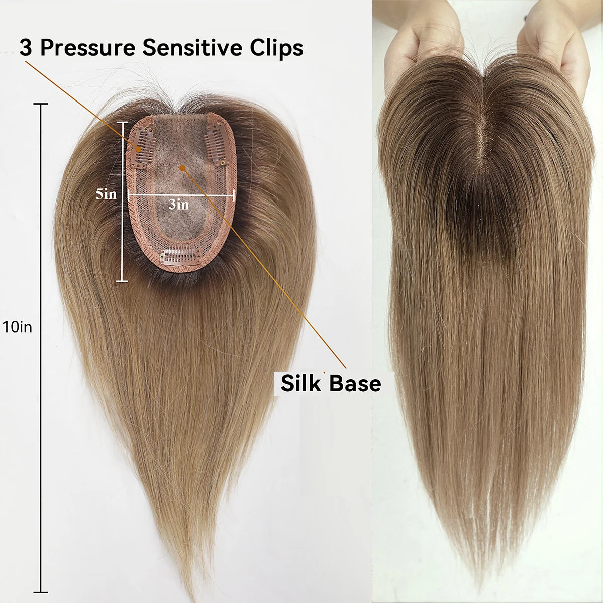 Brown Blonde Ombre Human Hair Toppers for Women – 10/12/14 Inches with Silk Base, Clips, and Bangs