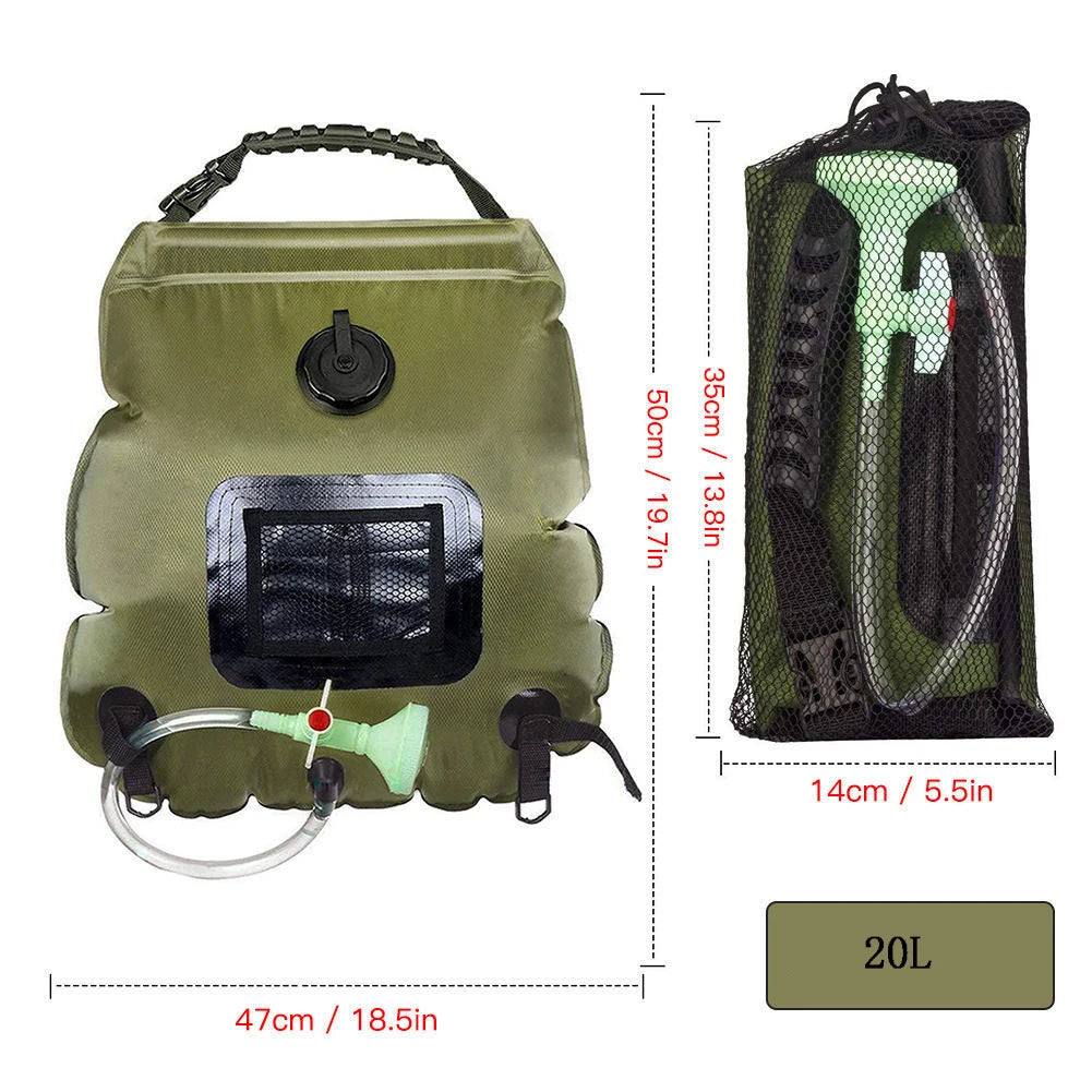 Portable 20L Outdoor Solar Camping Shower Bag - Heating Bathing Water Storage with Hose and Switchable Shower Head for Hiking and Camping