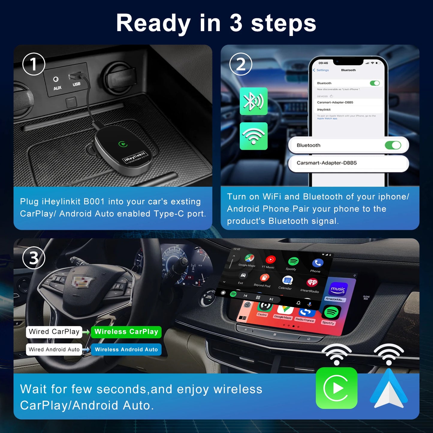 IHeylinkit Wireless CarPlay & Android Auto Adapter – Auto-Connect Dongle with Zinc Alloy Shell for Most Vehicles