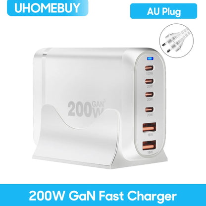 UHOMEBUY 200W GaN Desktop Charger - 6-Port USB Type C with 100W PD & Quick Charge 3.0 Fast Mobile Charger