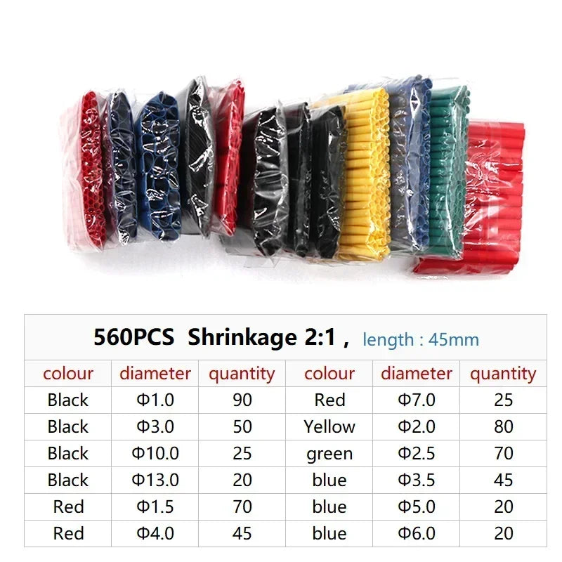 127/164/280/560PCS Heat Shrink Tubing Kit - 2:1 Insulation for Electrical Wire & Cable Connection