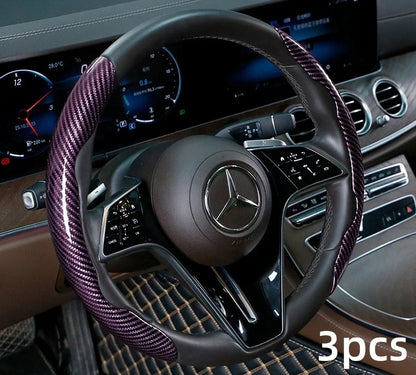 2/3PCS Universal Car Steering Wheel Cover — Laser Carbon Fiber, Silicone & 1K Microfiber Leather, Non-Slip PVC Booster