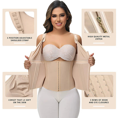 Double Compression Waist Trainer Corset – 17 Steel Bone Body Shaper Vest Bra, Flat Belly Slimming Fajas Colombianas