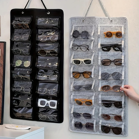 16 Slot Eyeglass Organizer - Felt Wall Mounted Sunglasses Holder with Dustproof Pocket Storage Display Bag